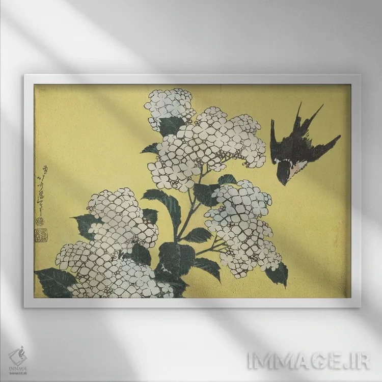 تابلو c.1832,گل ادریسی و پرستو، حدود ۱۸۳۲ اثر کاتسوشیکا هوکوسای (نقاش و هنرمند ژاپنی) - نمای قابدار سفید