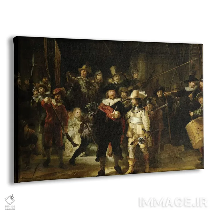 تابلو 1642,گشت شبانه (یگان شبهنظامی منطقه دوم به فرماندهی کاپیتان فرانس بانینک کوک)، ۱۶۴۲ اثر رمبرانت فان رَین (نقاش بزرگ هلندی) - نمای پرسپکتیو محصول