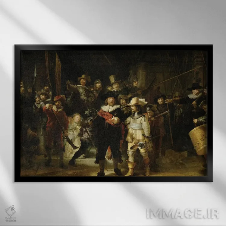 تابلو 1642,گشت شبانه (یگان شبهنظامی منطقه دوم به فرماندهی کاپیتان فرانس بانینک کوک)، ۱۶۴۲ اثر رمبرانت فان رَین (نقاش بزرگ هلندی) - نمای قابدار مشکی