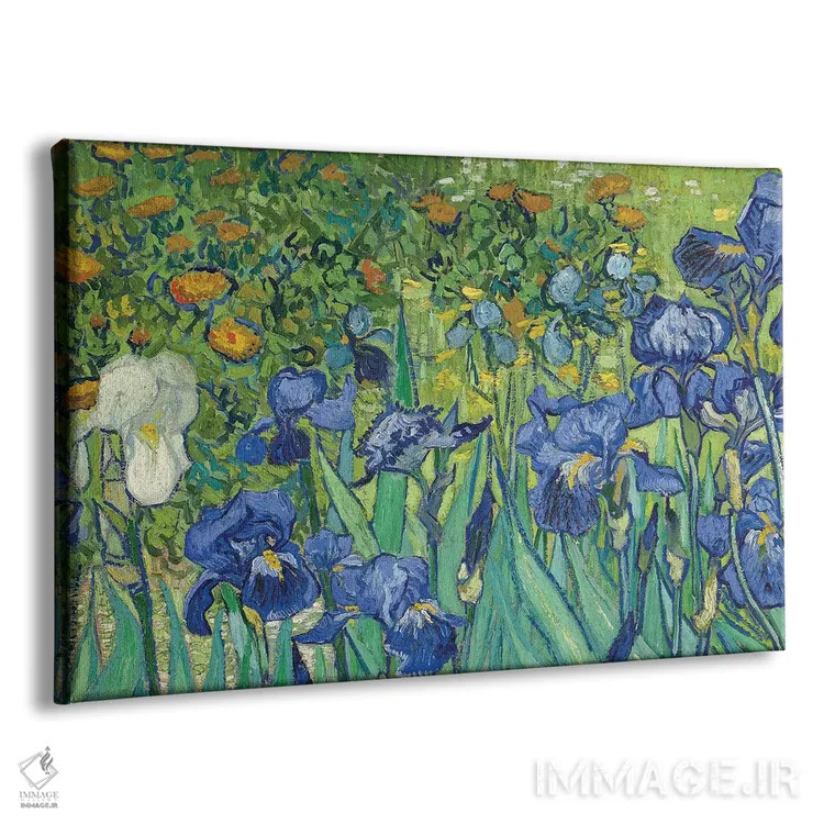 تابلو Irises, 1889,جزئیات مرکز-چپ، زنبقها، ۱۸۸۹ اثر ونسان ون گوگ (نقاش مشهور هلندی پستامپرسیونیسم) - نمای پرسپکتیو محصول