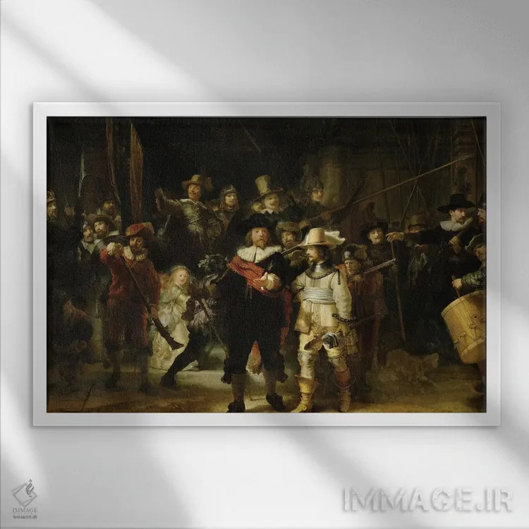 تابلو 1642,گشت شبانه (یگان شبهنظامی منطقه دوم به فرماندهی کاپیتان فرانس بانینک کوک)، ۱۶۴۲ اثر رمبرانت فان رَین (نقاش بزرگ هلندی) - نمای قابدار سفید