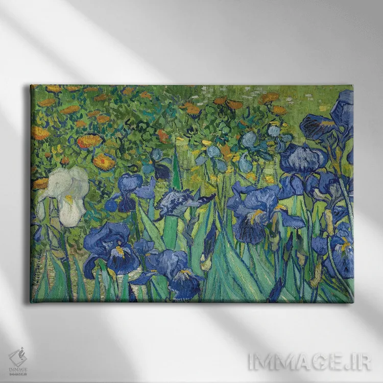 تابلو Irises, 1889,جزئیات مرکز-چپ، زنبقها، ۱۸۸۹ اثر ونسان ون گوگ (نقاش مشهور هلندی پستامپرسیونیسم) - نمای روبهرو روی دیوار