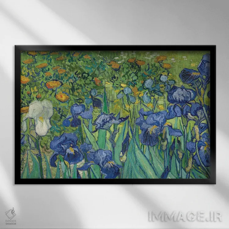 تابلو Irises, 1889,جزئیات مرکز-چپ، زنبقها، ۱۸۸۹ اثر ونسان ون گوگ (نقاش مشهور هلندی پستامپرسیونیسم) - نمای قابدار مشکی