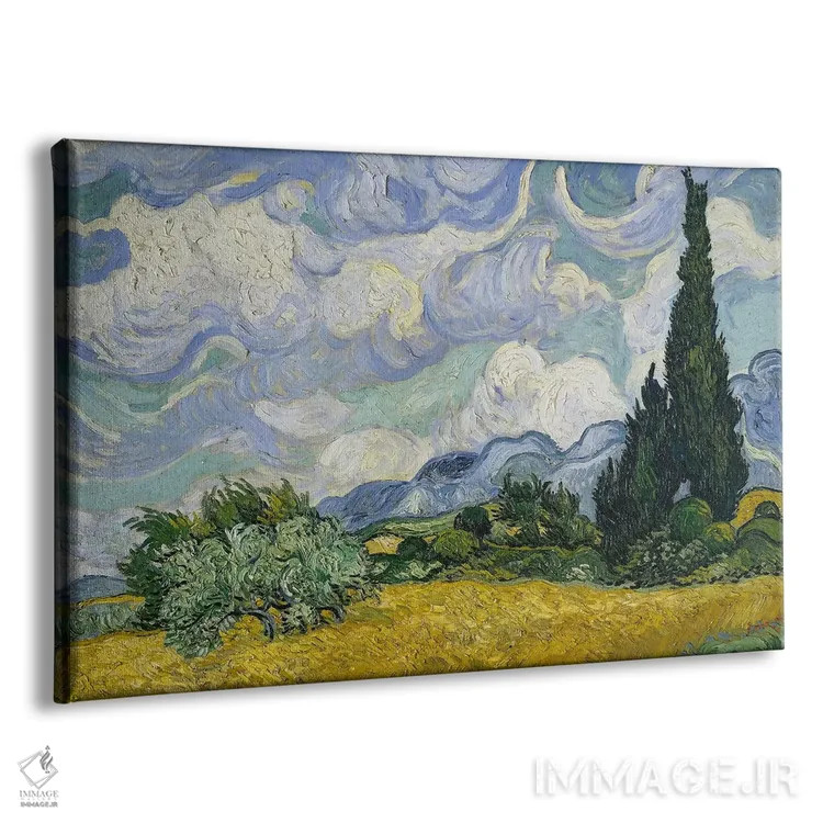 تابلو June-July 1889 (Metropolitan Museum Of Art, NYC),مزرعه گندم با سروها، ژوئن-ژوئیه ۱۸۸۹ (موزه متروپولیتن نیویورک) اثر ونسان ون گوگ (نقاش مشهور هلندی پستامپرسیونیسم) - نمای پرسپکتیو محصول