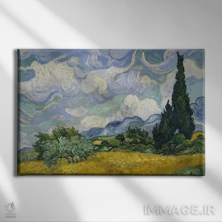 تابلو June-July 1889 (Metropolitan Museum Of Art, NYC),مزرعه گندم با سروها، ژوئن-ژوئیه ۱۸۸۹ (موزه متروپولیتن نیویورک) اثر ونسان ون گوگ (نقاش مشهور هلندی پستامپرسیونیسم) - نمای روبهرو روی دیوار