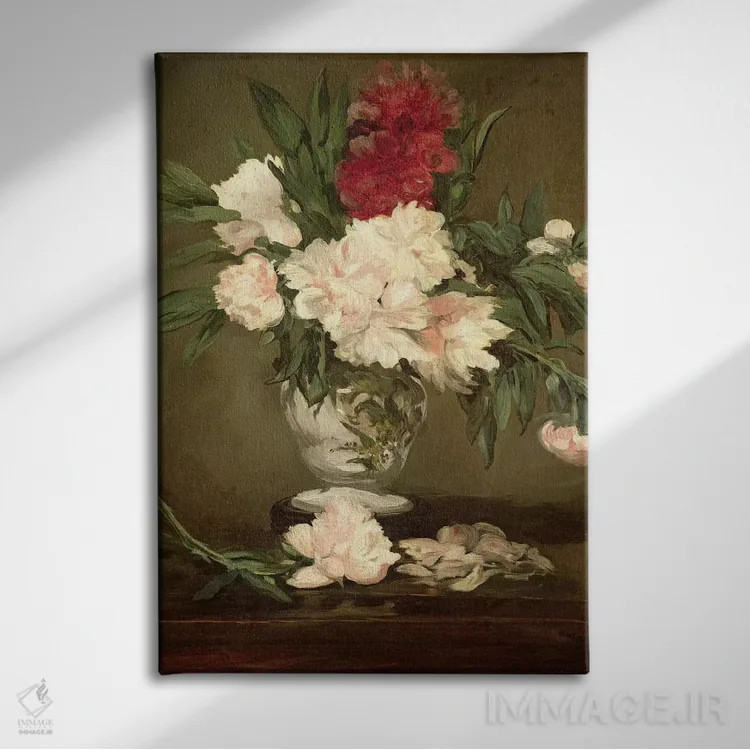 تابلو گلدان گل صدتومانی بر روی پایهای کوچک، ۱۸۶۴ اثر ادوارد مانه (نقاش معروف فرانسوی) - نمای روبهرو روی دیوار