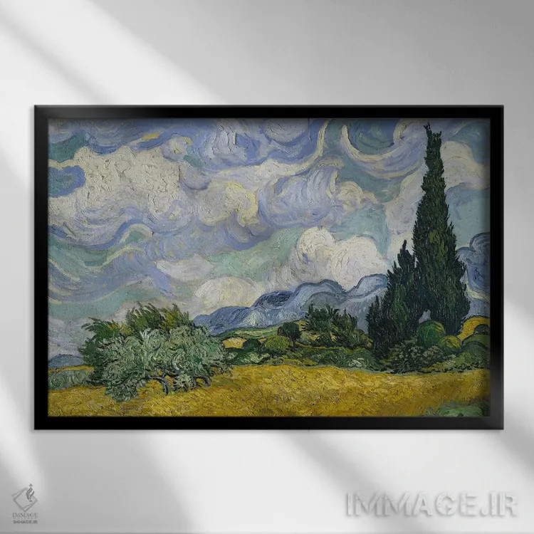 تابلو June-July 1889 (Metropolitan Museum Of Art, NYC),مزرعه گندم با سروها، ژوئن-ژوئیه ۱۸۸۹ (موزه متروپولیتن نیویورک) اثر ونسان ون گوگ (نقاش مشهور هلندی پستامپرسیونیسم) - نمای قابدار مشکی