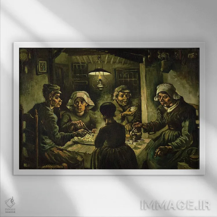تابلو 1885,سیبزمینیخورها، ۱۸۸۵ اثر ونسان ون گوگ (نقاش مشهور هلندی پستامپرسیونیسم) - نمای قابدار سفید