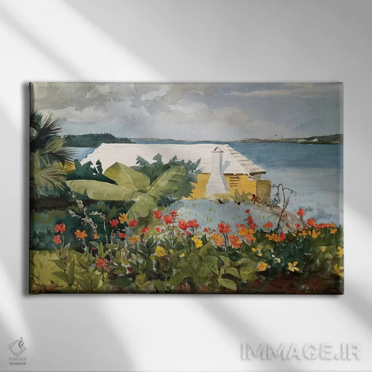 تابلو Bermuda, 1889,باغ گل و بنگالو، برمودا، ۱۸۸۹ اثر وینسلو هومر - نمای روبهرو روی دیوار