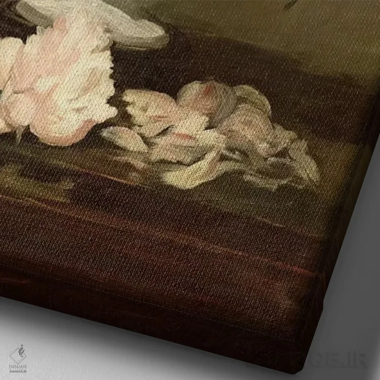 تابلو گلدان گل صدتومانی بر روی پایهای کوچک، ۱۸۶۴ اثر ادوارد مانه (نقاش معروف فرانسوی) - نمای نزدیک بافت بوم