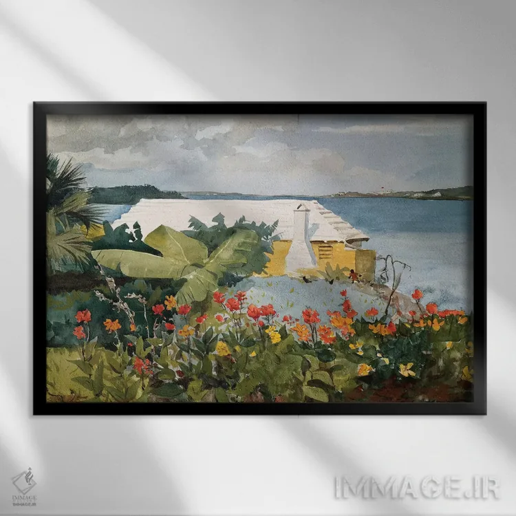 تابلو Bermuda, 1889,باغ گل و بنگالو، برمودا، ۱۸۸۹ اثر وینسلو هومر - نمای قابدار مشکی