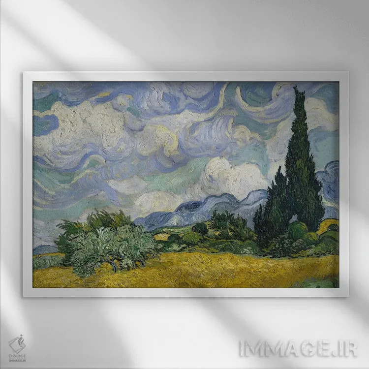 تابلو June-July 1889 (Metropolitan Museum Of Art, NYC),مزرعه گندم با سروها، ژوئن-ژوئیه ۱۸۸۹ (موزه متروپولیتن نیویورک) اثر ونسان ون گوگ (نقاش مشهور هلندی پستامپرسیونیسم) - نمای قابدار سفید