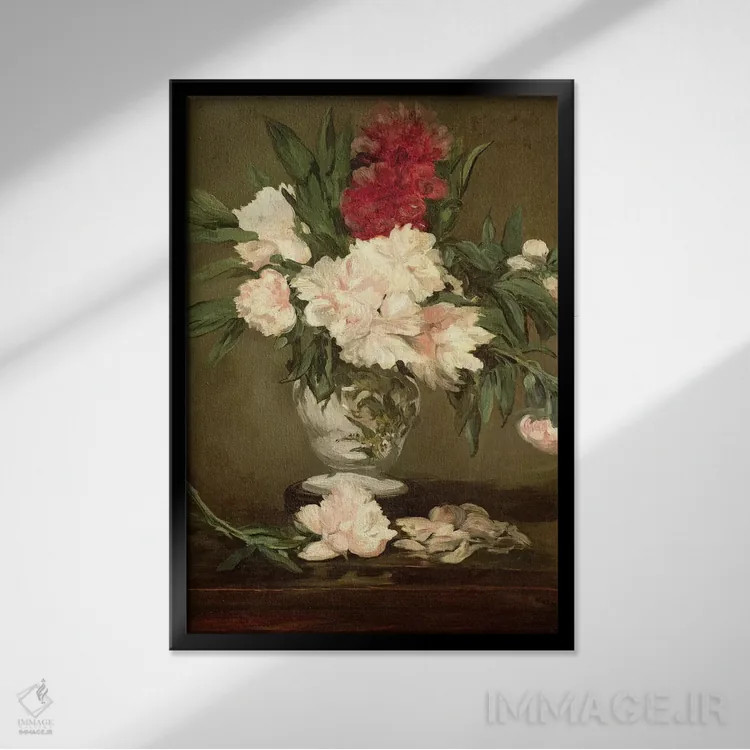 تابلو گلدان گل صدتومانی بر روی پایهای کوچک، ۱۸۶۴ اثر ادوارد مانه (نقاش معروف فرانسوی) - نمای قابدار مشکی