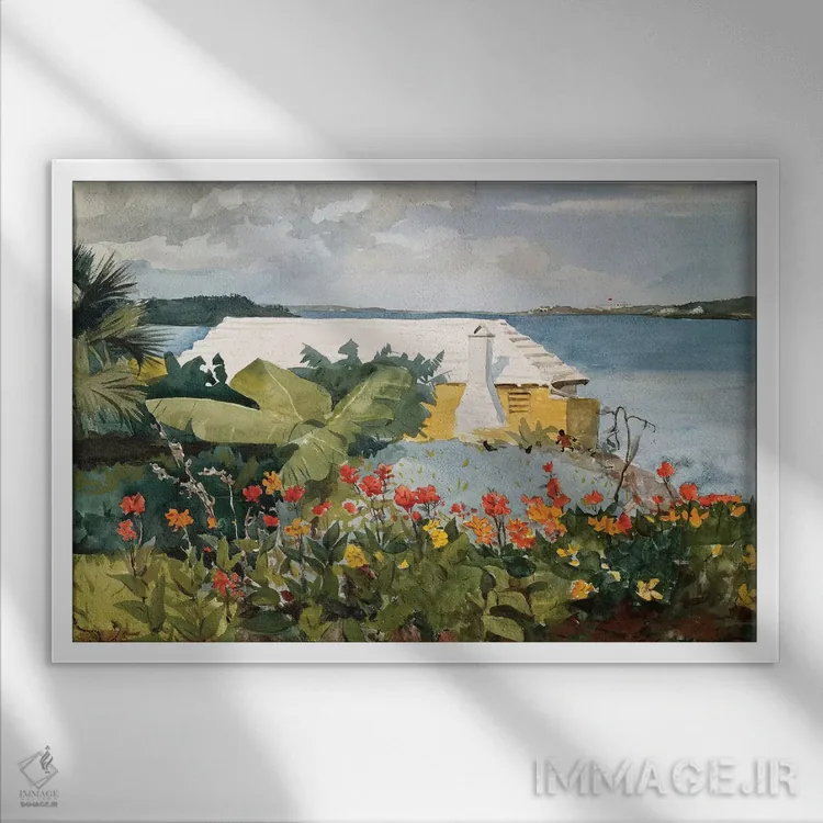 تابلو Bermuda, 1889,باغ گل و بنگالو، برمودا، ۱۸۸۹ اثر وینسلو هومر - نمای قابدار سفید