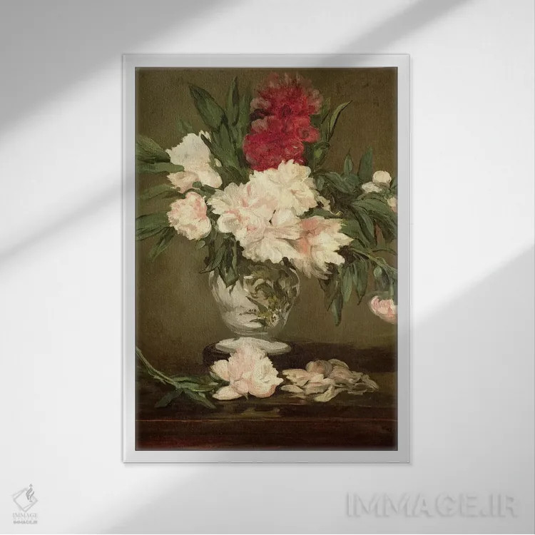 تابلو گلدان گل صدتومانی بر روی پایهای کوچک، ۱۸۶۴ اثر ادوارد مانه (نقاش معروف فرانسوی) - نمای قابدار سفید