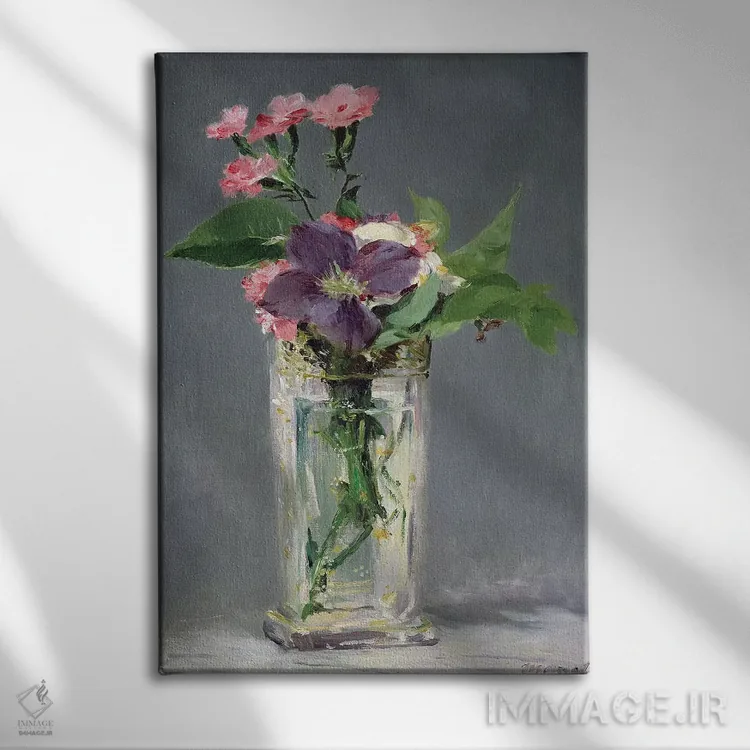 تابلو میخک و کلماتیس در گلدان بلوری، حدود ۱۸۸۲ اثر ادوارد مانه (نقاش معروف فرانسوی) - نمای روبهرو روی دیوار