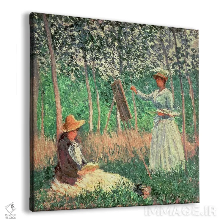 تابلو در جنگل ژیورنی: بلانش هوشده در کنار سهپایه و سوزان هوشده در حال مطالعه، ۱۸۸۷ اثر کلود مونه (نقاش معروف فرانسوی) - نمای پرسپکتیو محصول