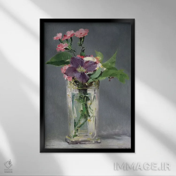 تابلو میخک و کلماتیس در گلدان بلوری، حدود ۱۸۸۲ اثر ادوارد مانه (نقاش معروف فرانسوی) - نمای قابدار مشکی