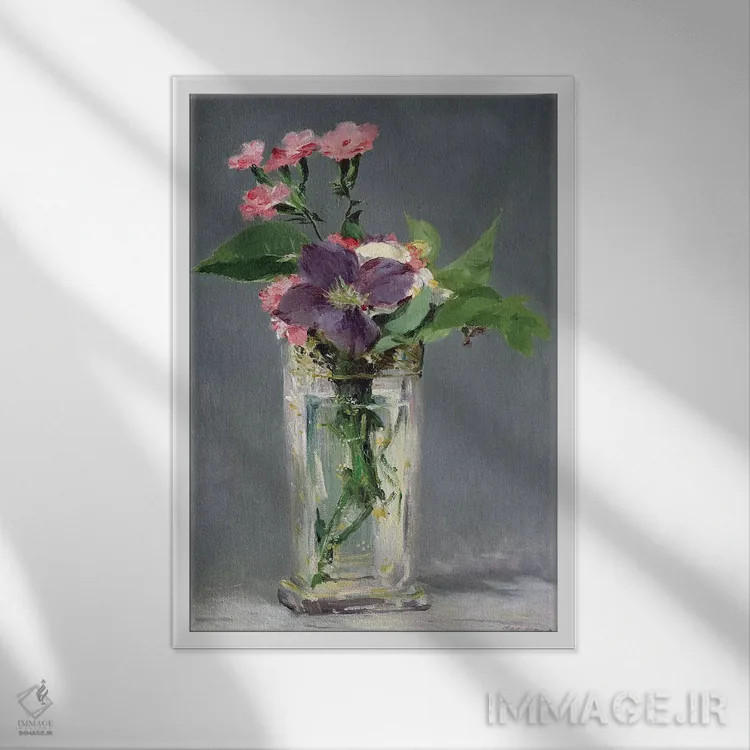 تابلو میخک و کلماتیس در گلدان بلوری، حدود ۱۸۸۲ اثر ادوارد مانه (نقاش معروف فرانسوی) - نمای قابدار سفید