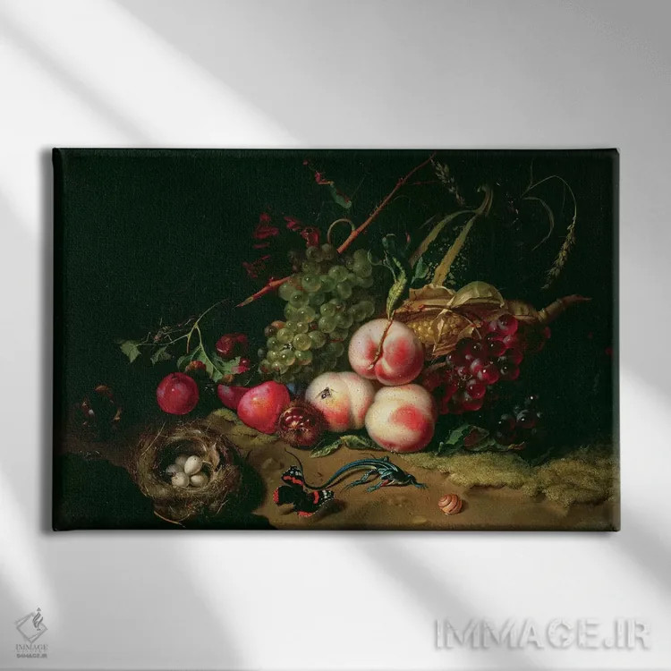تابلو طبیعت بیجان با میوهها اثر ریچل رویش - نمای روبهرو روی دیوار