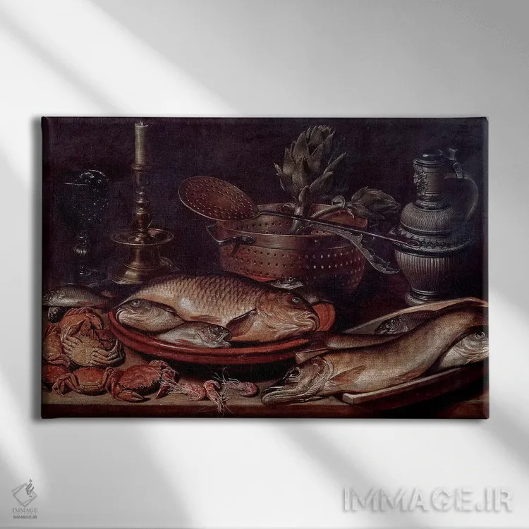 تابلو طبیعت بیجان شامل ماهیها و صدفها، ۱۶۱۱ اثر کلارا پیترز - نمای روبهرو روی دیوار