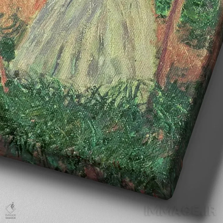 تابلو در جنگل ژیورنی: بلانش هوشده در کنار سهپایه و سوزان هوشده در حال مطالعه، ۱۸۸۷ اثر کلود مونه (نقاش معروف فرانسوی) - نمای نزدیک بافت بوم