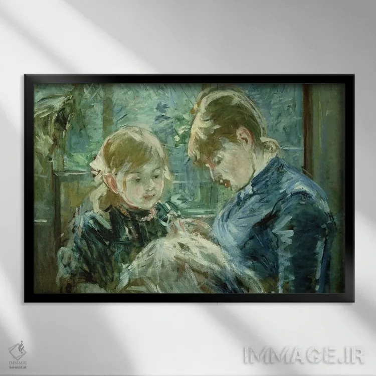 تابلو درس خیاطی، ۱۸۸۴ اثر برته موریسو (نقاش فرانسوی امپرسیونیست) - نمای قابدار مشکی