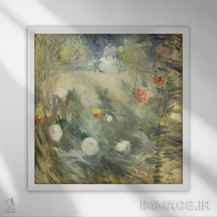 تابلو پرستار بچه در انتهای باغ، ۱۸۸۰ اثر برته موریسو (نقاش فرانسوی امپرسیونیست) - نمای قابدار سفید