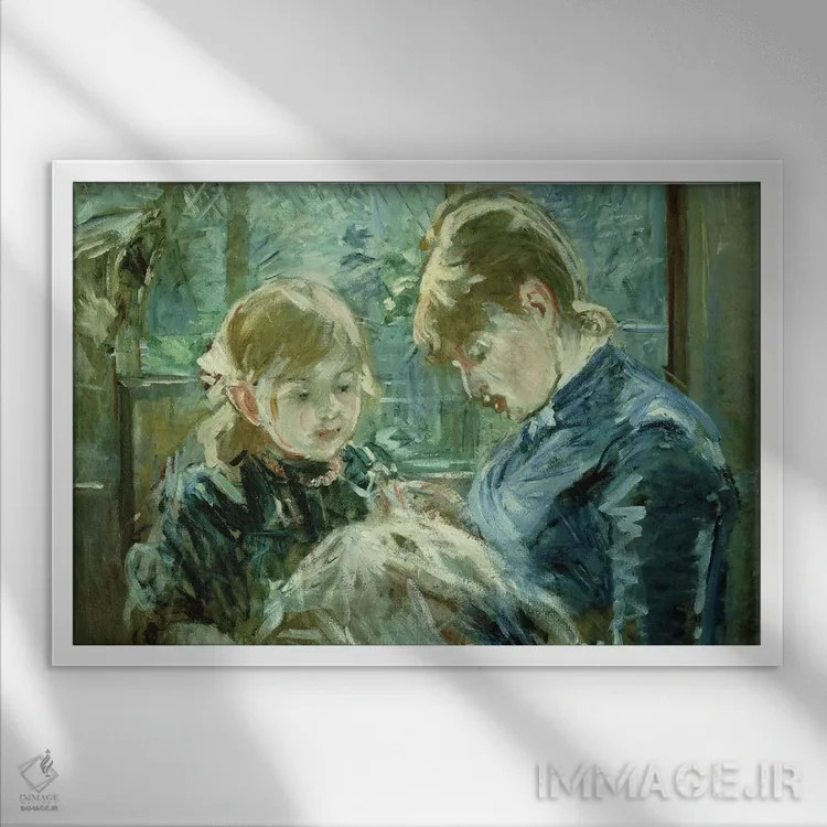 تابلو درس خیاطی، ۱۸۸۴ اثر برته موریسو (نقاش فرانسوی امپرسیونیست) - نمای قابدار سفید