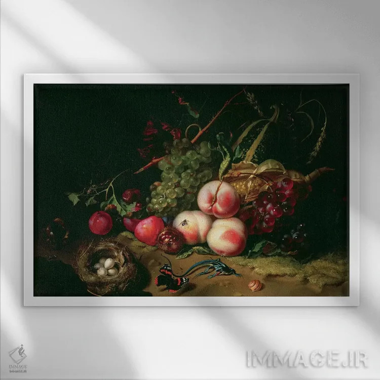 تابلو طبیعت بیجان با میوهها اثر ریچل رویش - نمای قابدار سفید