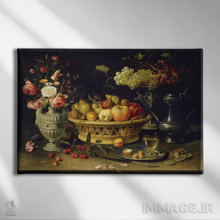 تابلو طبیعت بیجان با میوهها و گلها، ۱۶۰۸–۱۶۲۱ اثر کلارا پیترز - نمای روبهرو روی دیوار