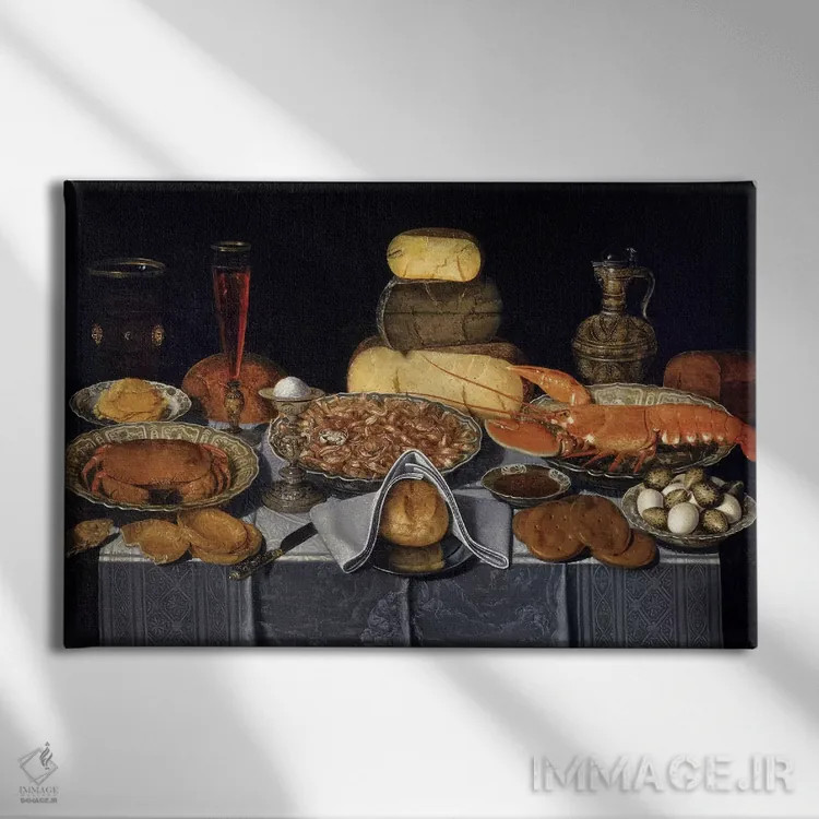 تابلو طبیعت بیجان با خرچنگ، میگو و لابستر، حدود ۱۶۳۵–۱۶۴۰ اثر کلارا پیترز - نمای روبهرو روی دیوار