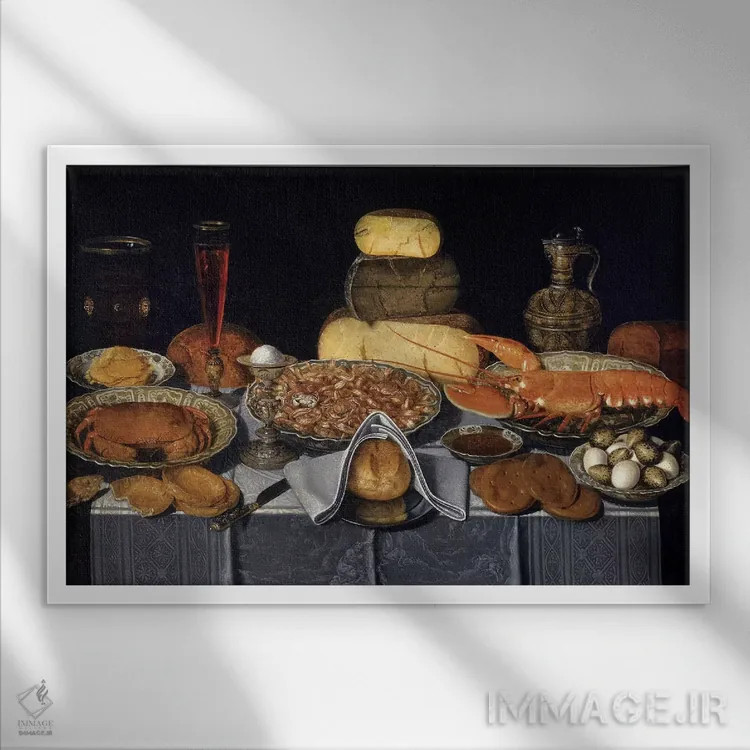 تابلو طبیعت بیجان با خرچنگ، میگو و لابستر، حدود ۱۶۳۵–۱۶۴۰ اثر کلارا پیترز - نمای قابدار سفید