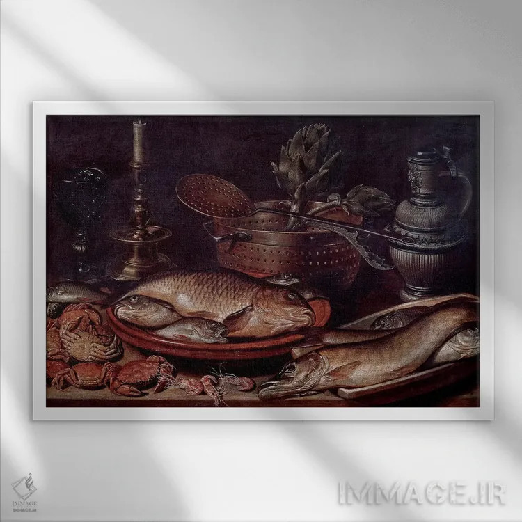 تابلو طبیعت بیجان شامل ماهیها و صدفها، ۱۶۱۱ اثر کلارا پیترز - نمای قابدار سفید