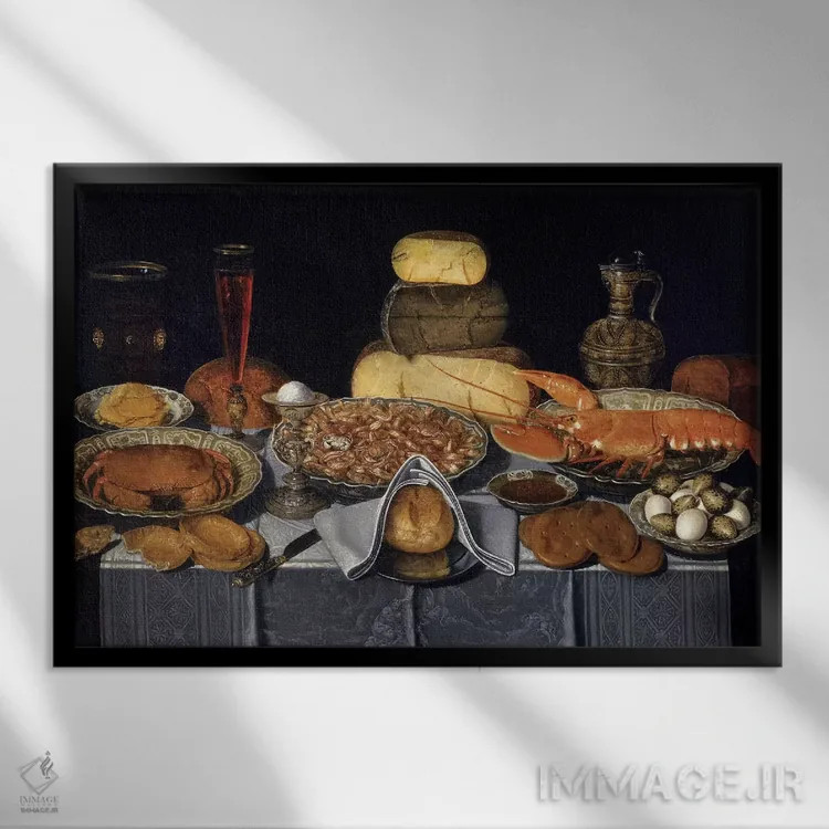 تابلو طبیعت بیجان با خرچنگ، میگو و لابستر، حدود ۱۶۳۵–۱۶۴۰ اثر کلارا پیترز - نمای قابدار مشکی