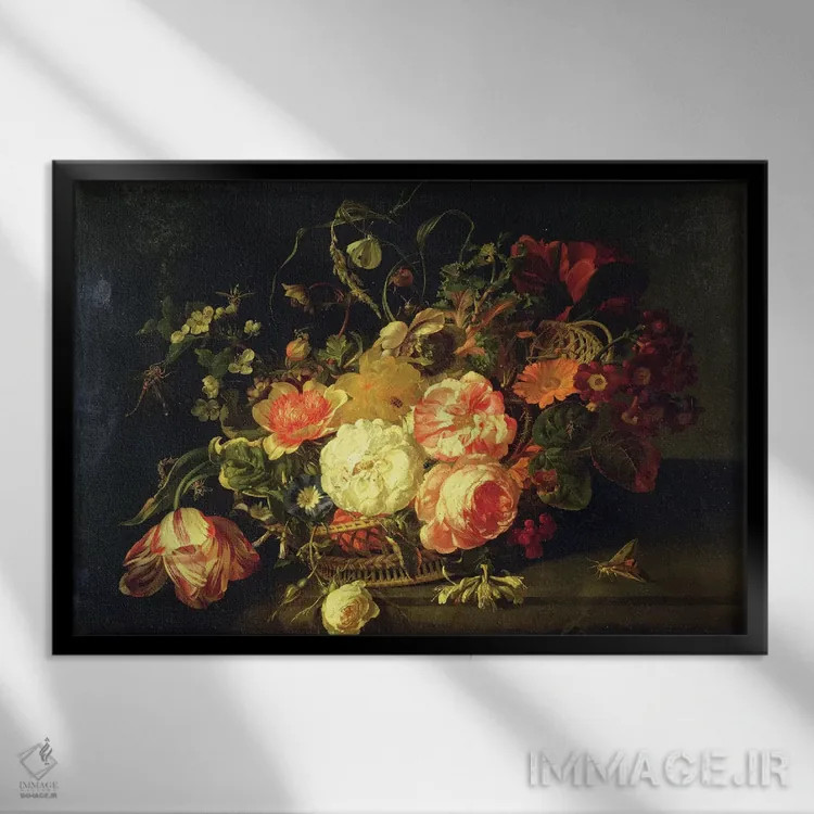 تابلو گلها و حشرات، ۱۷۱۱ اثر ریچل رویش - نمای قابدار مشکی