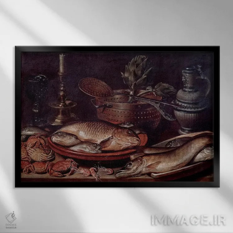 تابلو طبیعت بیجان شامل ماهیها و صدفها، ۱۶۱۱ اثر کلارا پیترز - نمای قابدار مشکی