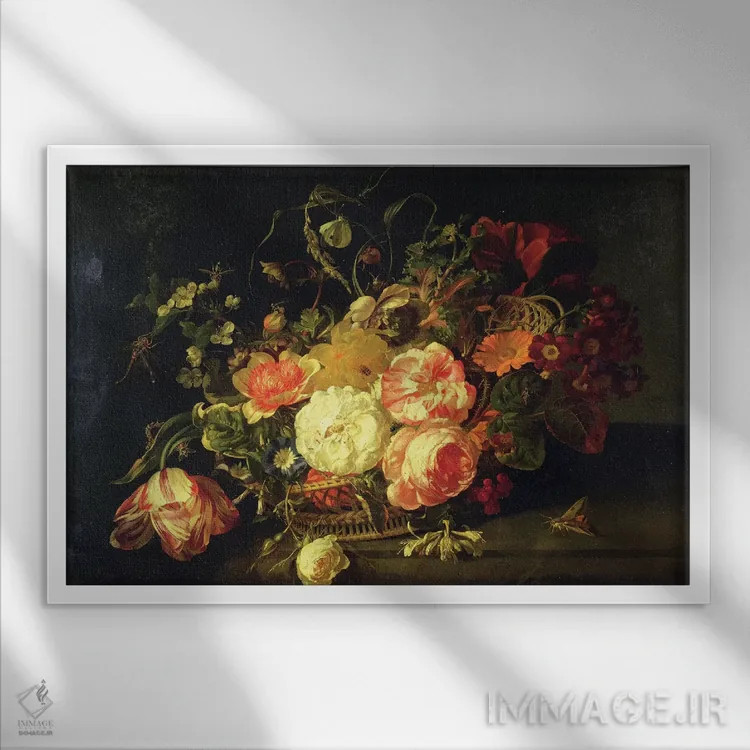 تابلو گلها و حشرات، ۱۷۱۱ اثر ریچل رویش - نمای قابدار سفید