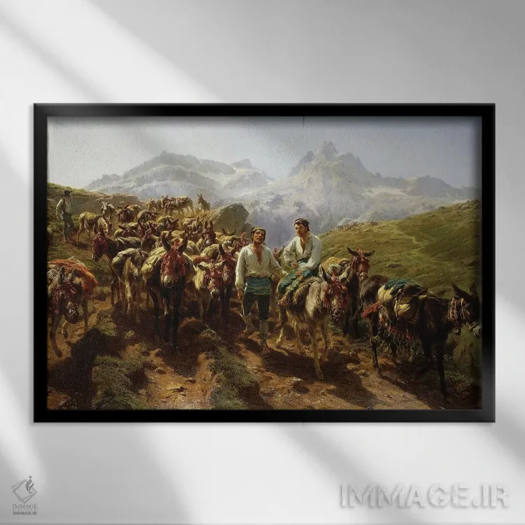 تابلو قاطرچیهای اسپانیایی در حال عبور از پیرنه، ۱۸۵۷ اثر روزا بونوور (نقاش فرانسوی) - نمای قابدار مشکی