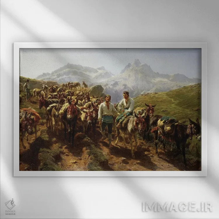 تابلو قاطرچیهای اسپانیایی در حال عبور از پیرنه، ۱۸۵۷ اثر روزا بونوور (نقاش فرانسوی) - نمای قابدار سفید