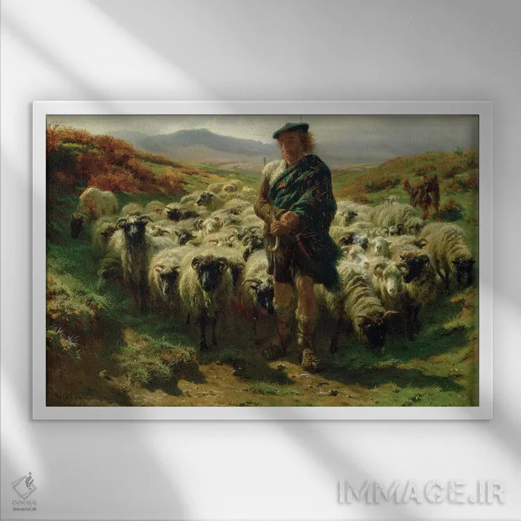 تابلو چوپان ارتفاعات (نقاشی روغنی بر بوم)، ۱۸۵۹ اثر روزا بونوور (نقاش فرانسوی) - نمای قابدار سفید