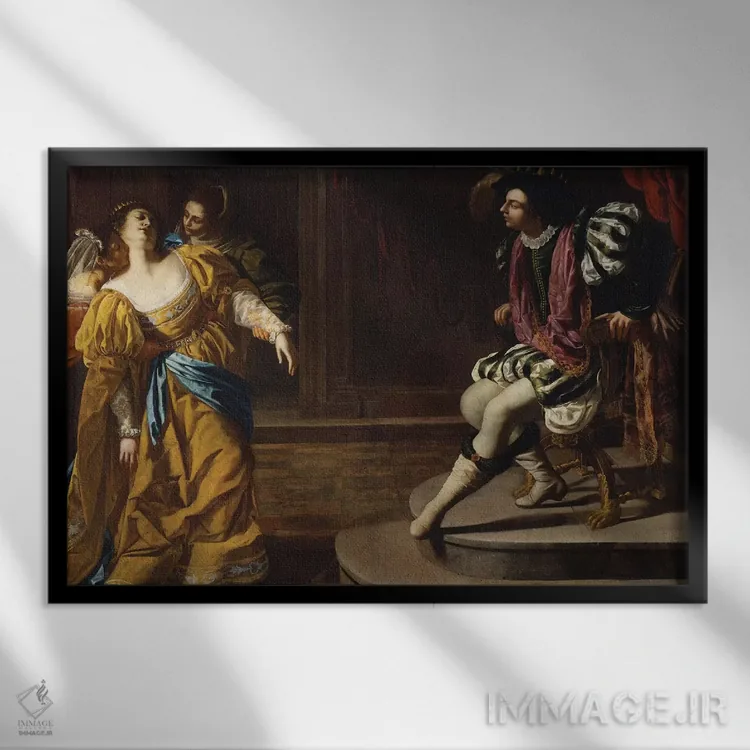 تابلو استر در برابر اخشوروش، حدود ۱۶۳۰ اثر آرتمیزیا جنتیلسکی (نقاش مشهور ایتالیایی دوره باروک) - نمای قابدار مشکی