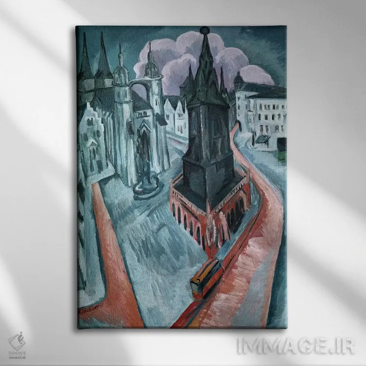 تابلو برج سرخ در هاله، ۱۹۱۵ (آلمان) اثر ارنست لودویگ کیرشنر (نقاش اکسپرسیونیست آلمانی) - نمای روبهرو روی دیوار