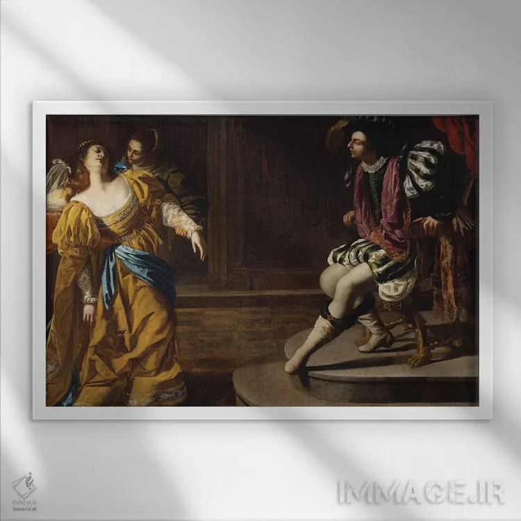 تابلو استر در برابر اخشوروش، حدود ۱۶۳۰ اثر آرتمیزیا جنتیلسکی (نقاش مشهور ایتالیایی دوره باروک) - نمای قابدار سفید