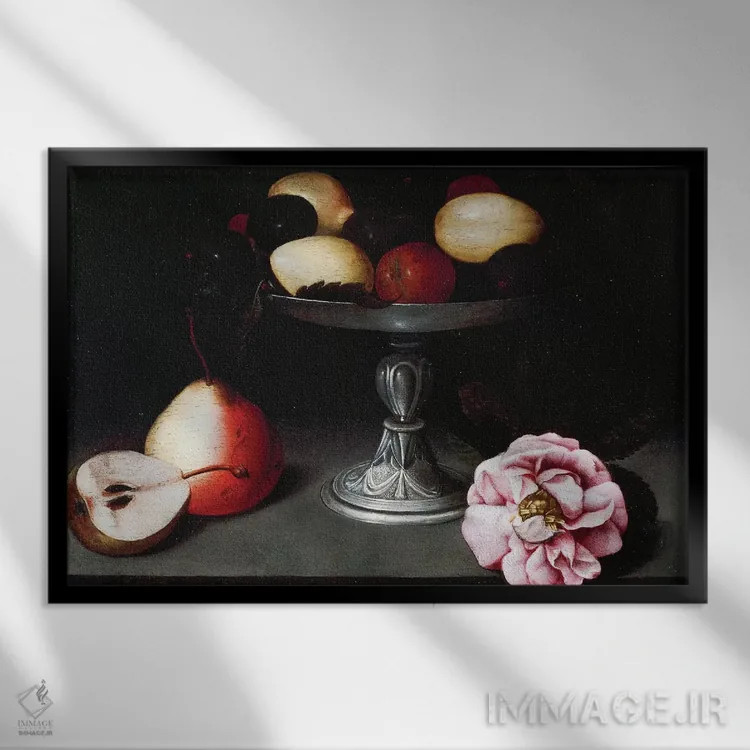 تابلو پایه میوه با آلو، گلابی و رز، حدود ۱۶۰۲ اثر فده گالیتزیا (نقاش ایتالیایی) - نمای قابدار مشکی