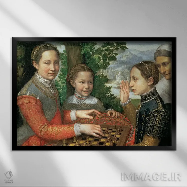 تابلو بازی شطرنج، ۱۵۵۵ اثر سوفونیسبا آنگویسولا (نقاش رنسانس ایتالیا) - نمای قابدار مشکی