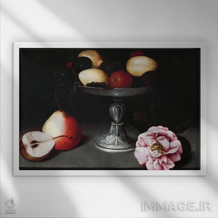 تابلو پایه میوه با آلو، گلابی و رز، حدود ۱۶۰۲ اثر فده گالیتزیا (نقاش ایتالیایی) - نمای قابدار سفید