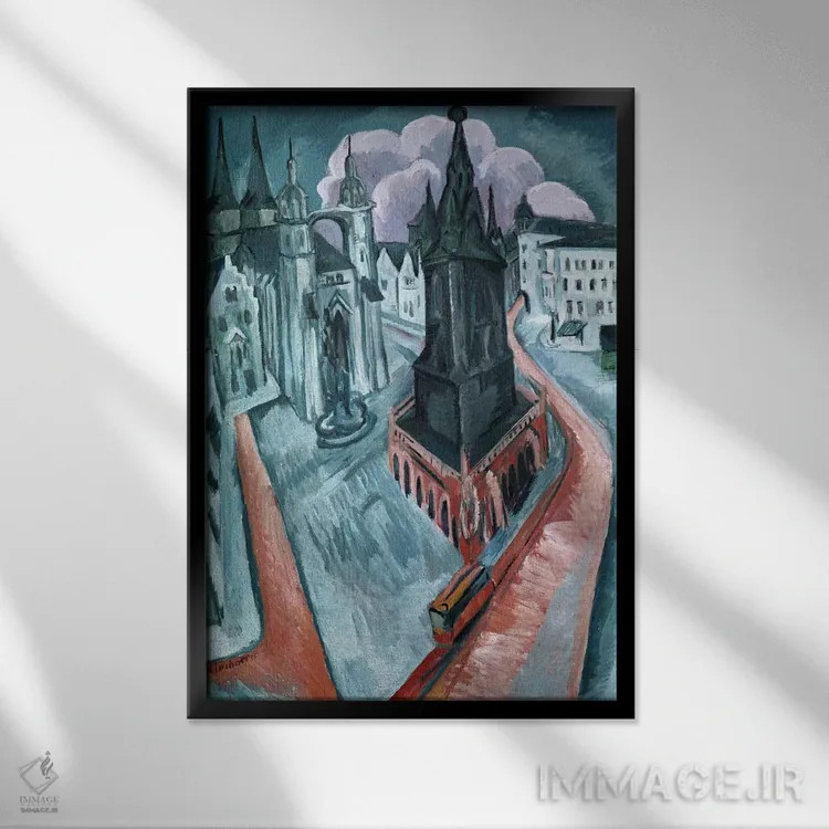 تابلو برج سرخ در هاله، ۱۹۱۵ (آلمان) اثر ارنست لودویگ کیرشنر (نقاش اکسپرسیونیست آلمانی) - نمای قابدار مشکی