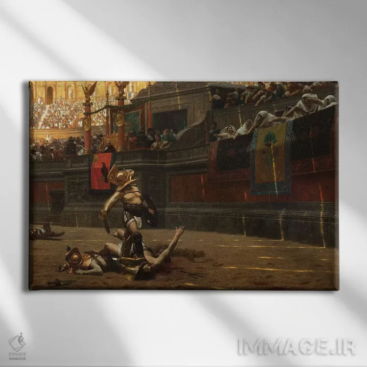 تابلو پولیسه ورسُو (اشاره شست پایین: اشاره رومی قضاوت مرگ) اثر ژان لئون ژروم (نقاش فرانسوی) - نمای روبهرو روی دیوار