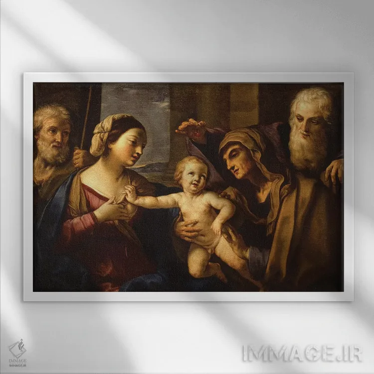 تابلو خانوادهٔ مقدس (مسیحیت) اثر الیزابتتا سیـرانی (نقاش ایتالیایی) - نمای قابدار سفید